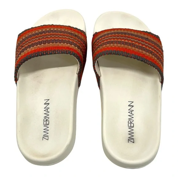 Zimmermann Beach Stripe Woven Raffia Pool Slides Red and Orange Sandals Women 39 - Picture 9 of 16